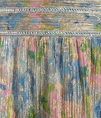 R & M Richards Printed V-Neck Sleeveless Metallic Crinkle Long Dress