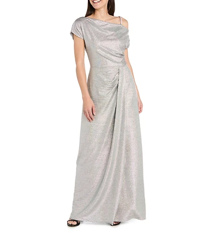 R & M Richards Rainbow Foil Knit Asymmetrical Neckline Rhinestone Shoulder Detail Side Drape Dress