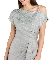 R & M Richards Rainbow Foil Knit Asymmetrical Neckline Rhinestone Shoulder Detail Side Drape Dress