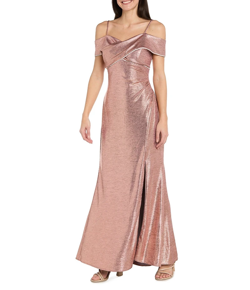 R & M Richards Rhinestone Trim Banded Cold Shoulder Side Drape Dress