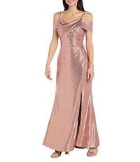 R & M Richards Rhinestone Trim Banded Cold Shoulder Side Drape Dress