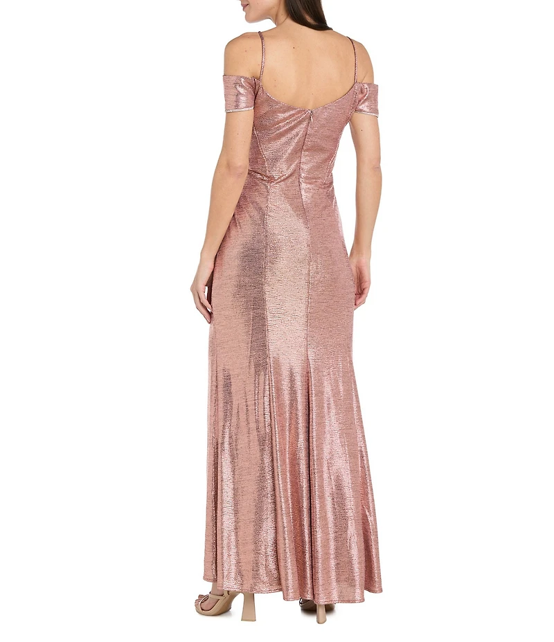 R & M Richards Rhinestone Trim Banded Cold Shoulder Side Drape Dress
