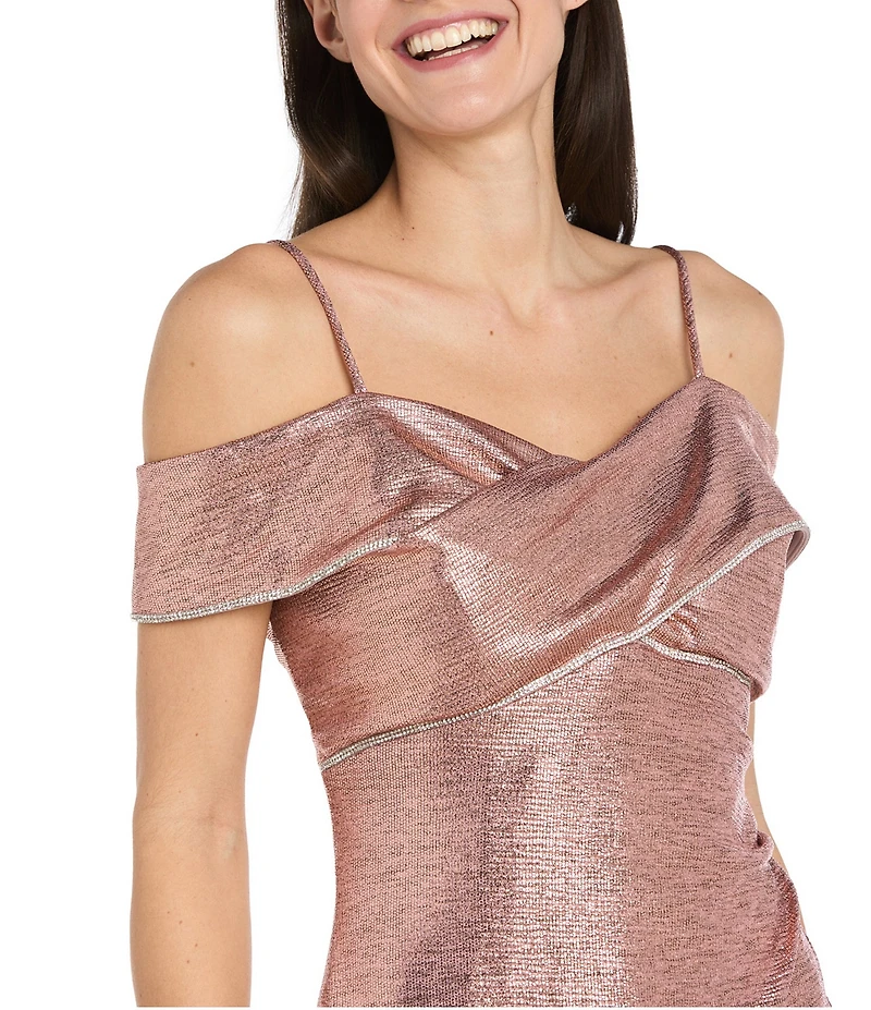 R & M Richards Rhinestone Trim Banded Cold Shoulder Side Drape Dress