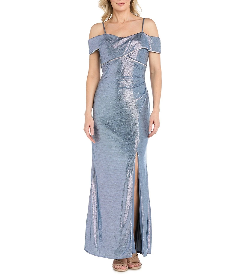 R & M Richards Rhinestone Trim Banded Cold Shoulder Side Drape Dress