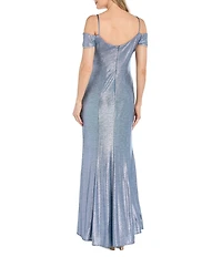 R & M Richards Rhinestone Trim Banded Cold Shoulder Side Drape Dress