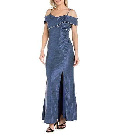 R & M Richards Rhinestone Trim Banded Cold Shoulder Side Drape Dress