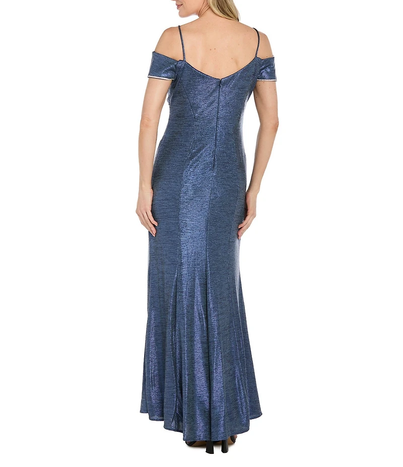 R & M Richards Rhinestone Trim Banded Cold Shoulder Side Drape Dress