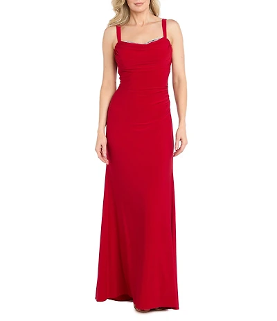 R & M Richards Rhinestone Trim Drape Front Long Dress