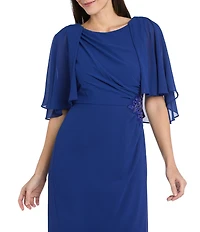 R & M Richards Round Neck Capelet Sleeve Souffle Crepe Chiffon Sheath Dress
