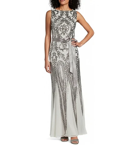 R & M Richards Round Neck Sleeveless Sequin Embellished Mesh Long Dress
