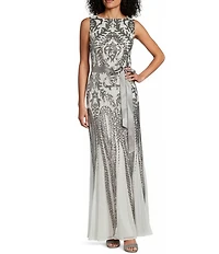 R & M Richards Round Neck Sleeveless Sequin Embellished Mesh Long Dress