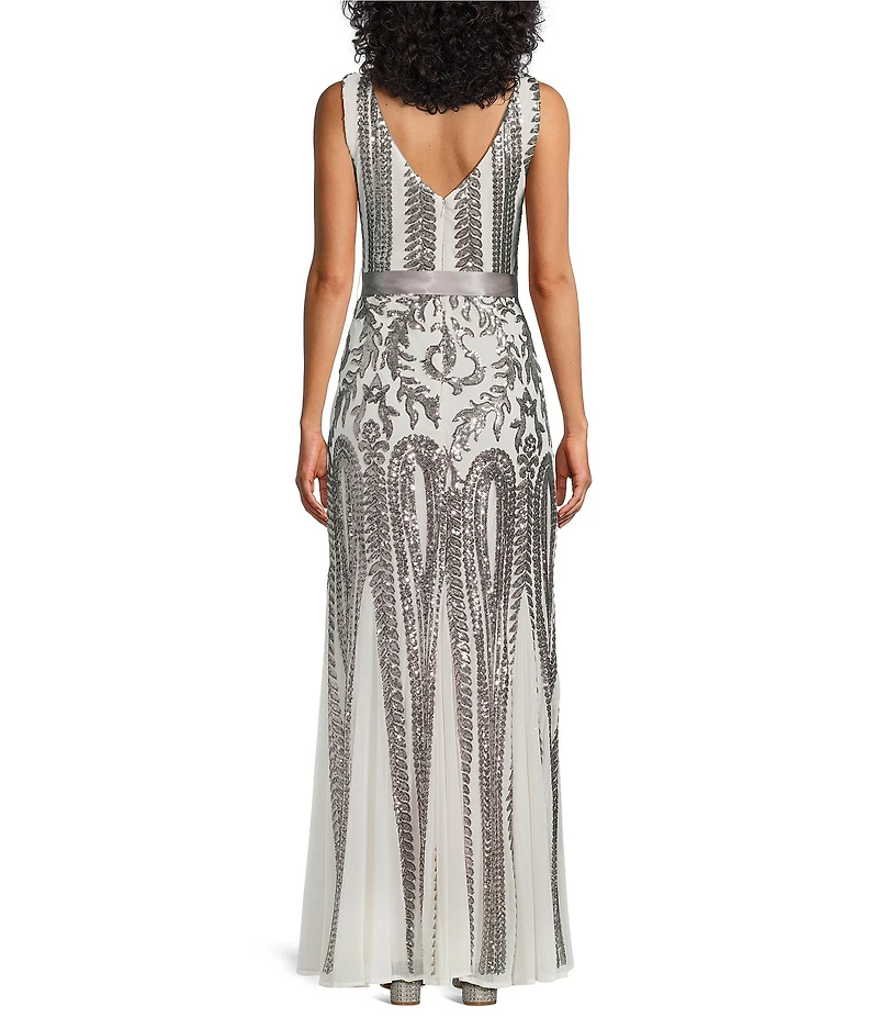 R & M Richards Round Neck Sleeveless Sequin Embellished Mesh Long Dress