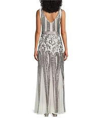 R & M Richards Round Neck Sleeveless Sequin Embellished Mesh Long Dress