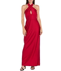 R & M Richards Sateen Bodycon Keyhole Halter Neck Long Dress