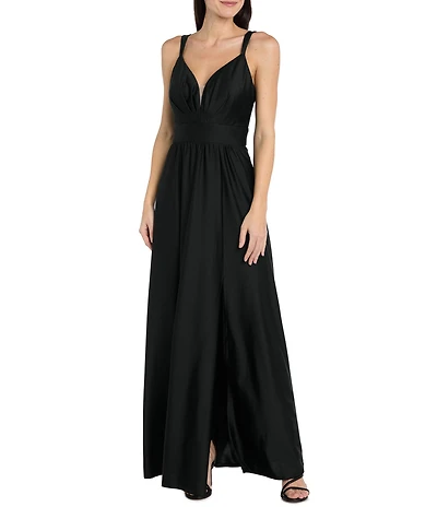 R & M Richards Sateen Jersey Pleated Bodice Side Slit Long Dress