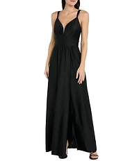 R & M Richards Sateen Jersey Pleated Bodice Side Slit Long Dress