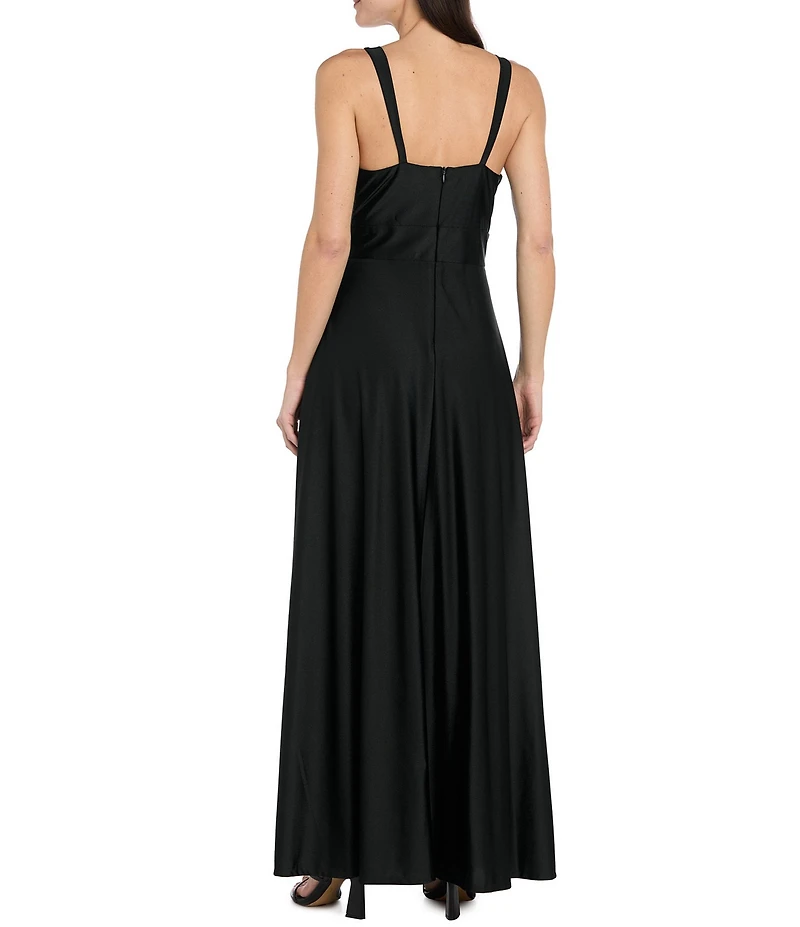 R & M Richards Sateen Jersey Pleated Bodice Side Slit Long Dress