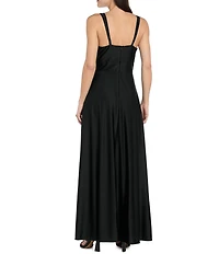 R & M Richards Sateen Jersey Pleated Bodice Side Slit Long Dress