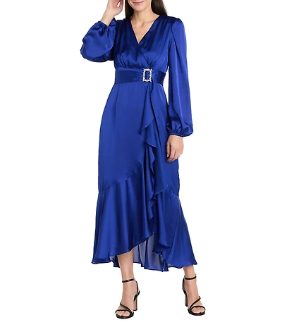 R & M Richards Satin V-Neck Long Balloon Sleeve Belted Rhinestone Buckle Faux Wrap Gown
