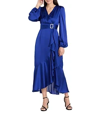 R & M Richards Satin V-Neck Long Balloon Sleeve Belted Rhinestone Buckle Faux Wrap Gown
