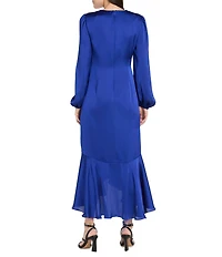 R & M Richards Satin V-Neck Long Balloon Sleeve Belted Rhinestone Buckle Faux Wrap Gown