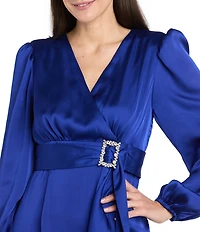 R & M Richards Satin V-Neck Long Balloon Sleeve Belted Rhinestone Buckle Faux Wrap Gown