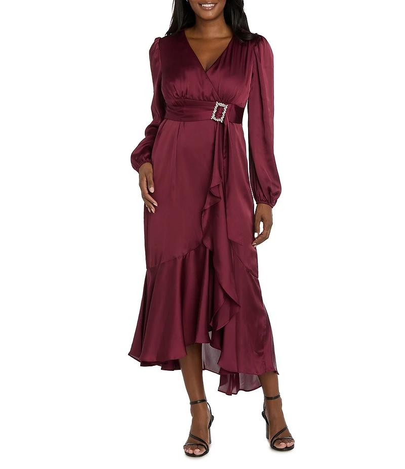 R & M Richards Satin V-Neck Long Balloon Sleeve Belted Rhinestone Buckle Faux Wrap Gown