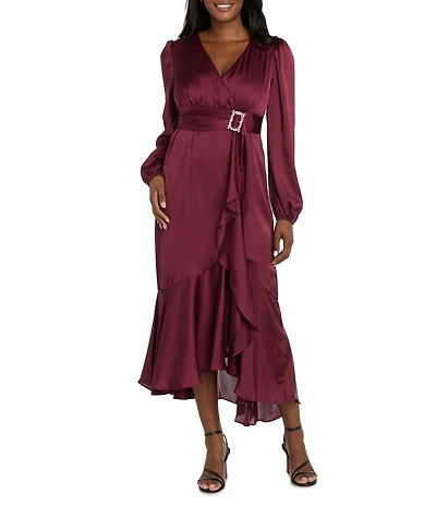 R & M Richards Satin V-Neck Long Balloon Sleeve Belted Rhinestone Buckle Faux Wrap Gown