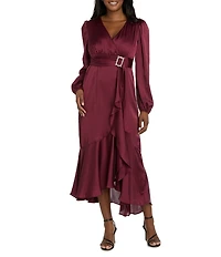 R & M Richards Satin V-Neck Long Balloon Sleeve Belted Rhinestone Buckle Faux Wrap Gown