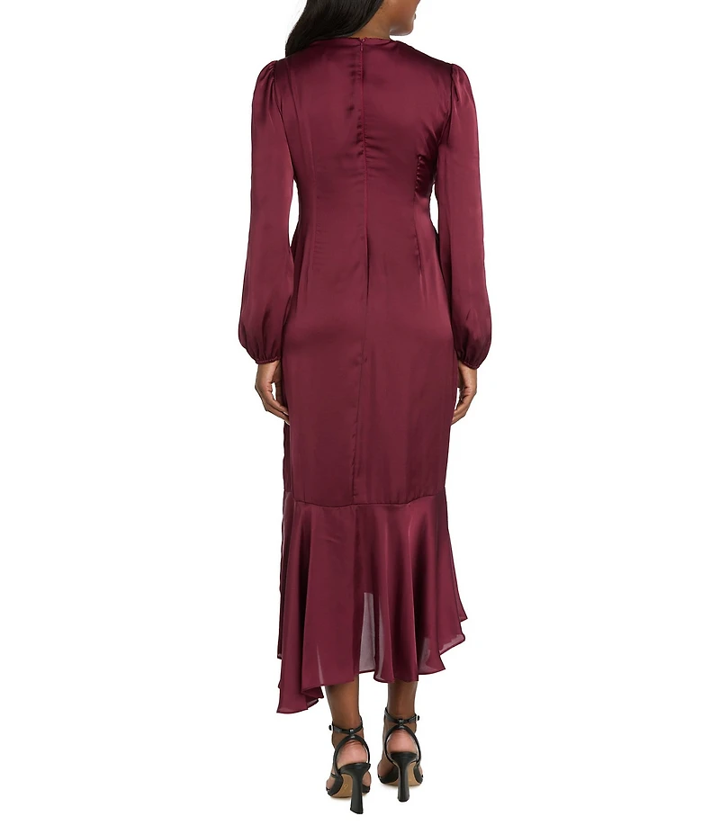 R & M Richards Satin V-Neck Long Balloon Sleeve Belted Rhinestone Buckle Faux Wrap Gown