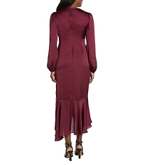 R & M Richards Satin V-Neck Long Balloon Sleeve Belted Rhinestone Buckle Faux Wrap Gown