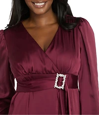 R & M Richards Satin V-Neck Long Balloon Sleeve Belted Rhinestone Buckle Faux Wrap Gown
