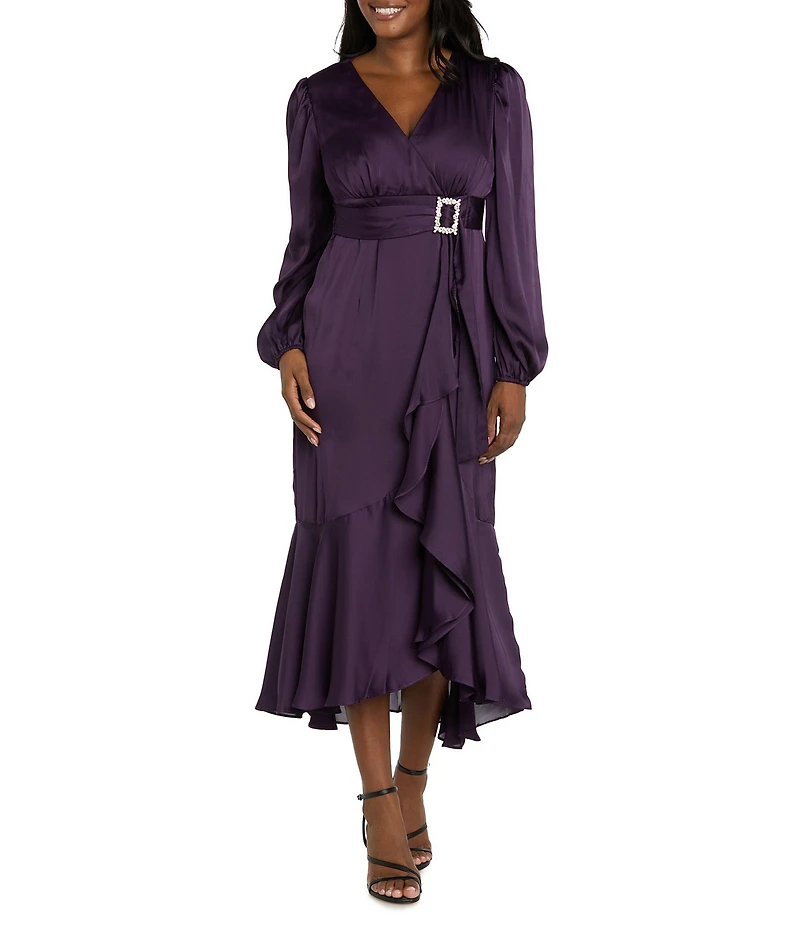 R & M Richards Satin V-Neck Long Balloon Sleeve Belted Rhinestone Buckle Faux Wrap Gown