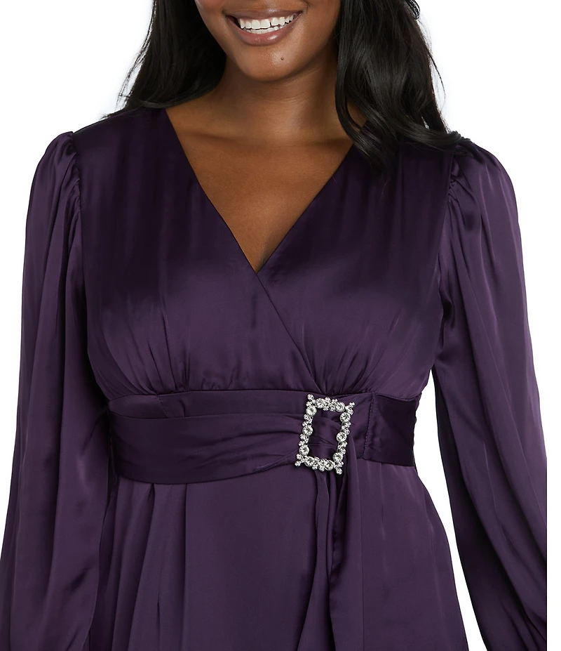 R & M Richards Satin V-Neck Long Balloon Sleeve Belted Rhinestone Buckle Faux Wrap Gown