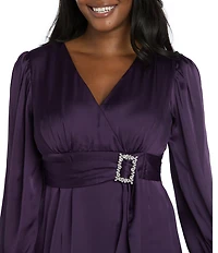 R & M Richards Satin V-Neck Long Balloon Sleeve Belted Rhinestone Buckle Faux Wrap Gown