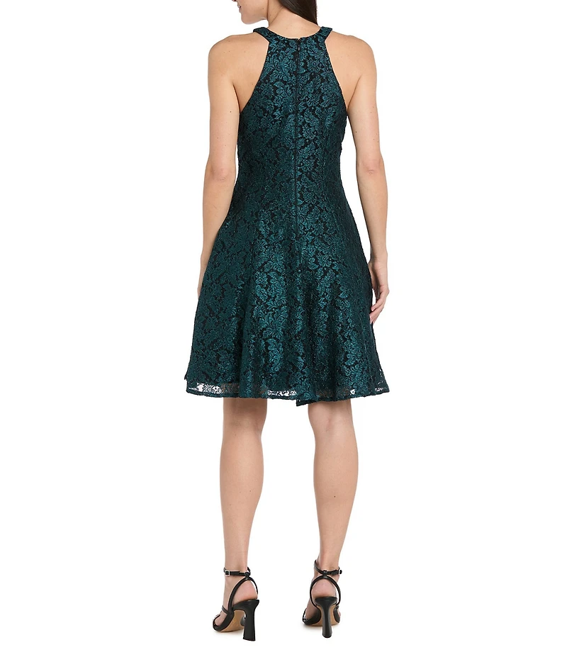 R & M Richards Scallop Glitter Stretch Lace Keyhole Neck Sleeveless Fit And Flare Dress