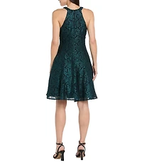 R & M Richards Scallop Glitter Stretch Lace Keyhole Neck Sleeveless Fit And Flare Dress