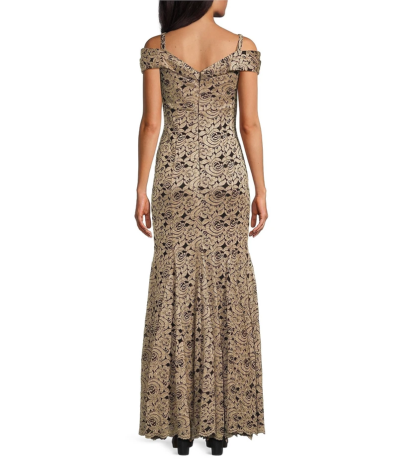 R & M Richards Scallop Lace Glitter Off The Shoulder Mermaid Gown
