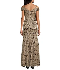 R & M Richards Scallop Lace Glitter Off The Shoulder Mermaid Gown