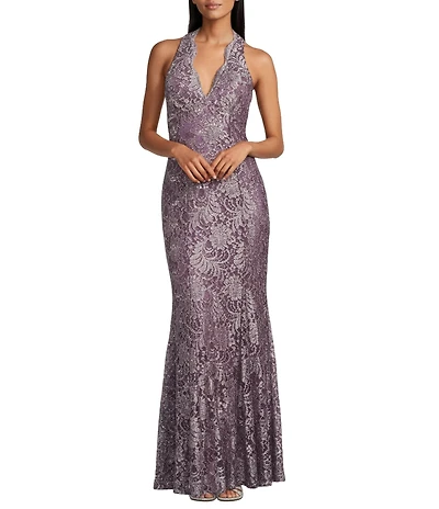 R & M Richards Scallop Lace Halter V-Neck Sleeveless Mermaid Gown
