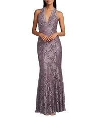 R & M Richards Scallop Lace Halter V-Neck Sleeveless Mermaid Gown