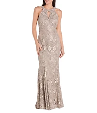 R & M Richards Scalloped Bodice Keyhole Neck Glitter Lace Mermaid Gown