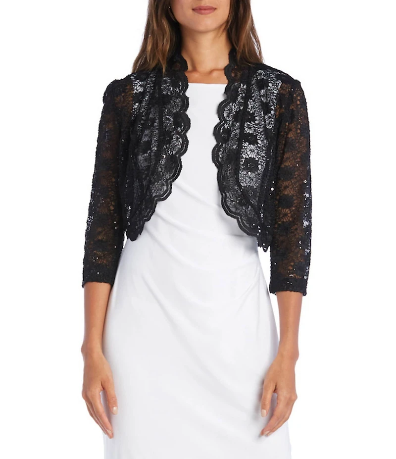 R & M Richards Scalloped Stretch Lace Long Sleeve Jacket