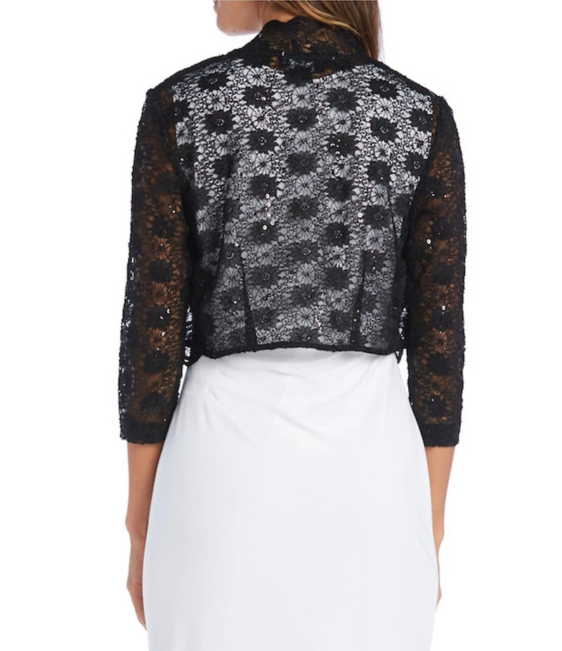 R & M Richards Scalloped Stretch Lace Long Sleeve Jacket