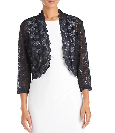 R & M Richards Scalloped Stretch Lace Long Sleeve Jacket