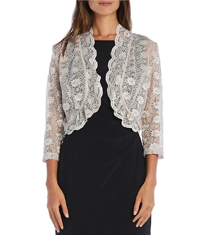 R & M Richards Scalloped Stretch Lace Long Sleeve Jacket