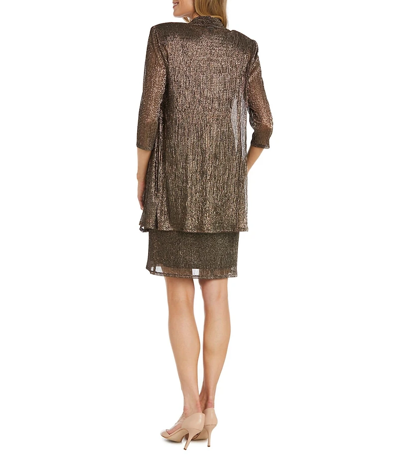 R & M Richards Scoop Neck 3/4 Sleeve Drape Front Metallic 2-Piece Jacket Dress