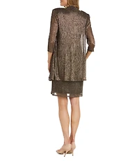 R & M Richards Scoop Neck 3/4 Sleeve Drape Front Metallic 2-Piece Jacket Dress