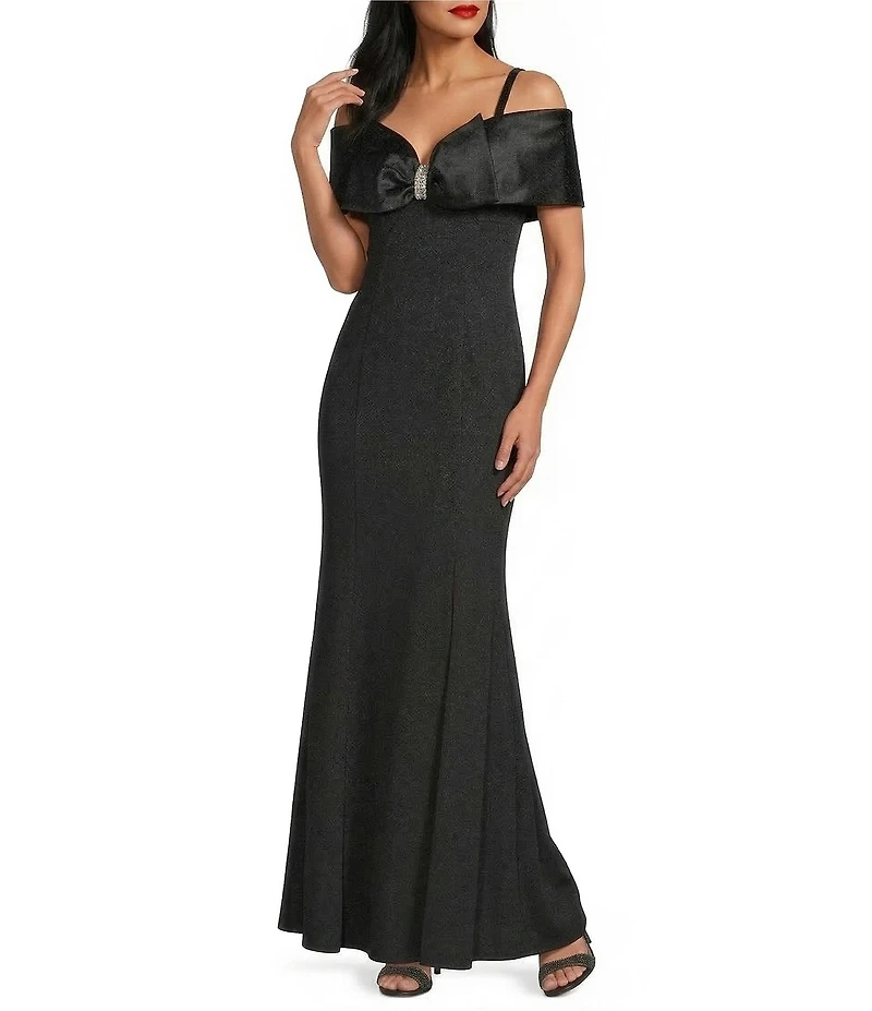 R & M Richards Scuba Crepe Sating Off-The-Shoulder Sweetheart Neckline Satin Bow Rhinestone Mermaid Gown