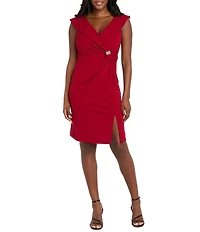 R & M Richards Scuba Crepe V-Neck Sleeveless Rhinestone Applique Twist Detail Wrap Dress